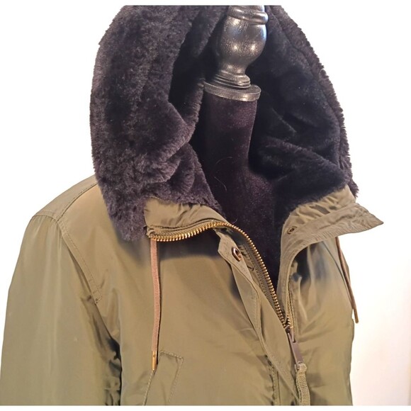 Gap Winter Jacket Hood Zip Moss Green Women's S Velour Lined Pockets Knee Length - Picture 3 of 16